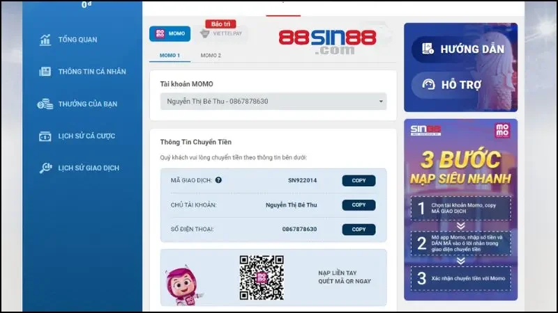 Hướng dẫn nạp tiền SIN88 thành công 100% trong lần đầu 3 Chuyển tiền bằng Momo siêu nhanh cùng với nhà cái SIN88