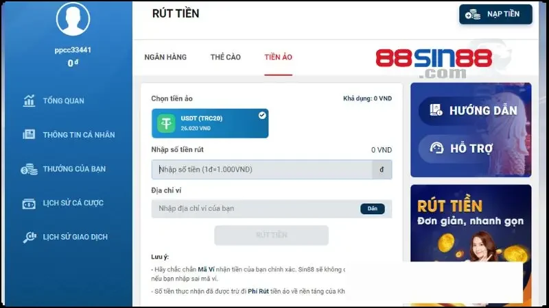 Hướng dẫn rút tiền SIN88 đem tiền về an toàn trong vài phút 4 Hỗ trợ rút tiền ảo SIN88 tiên tiến, chất lượng