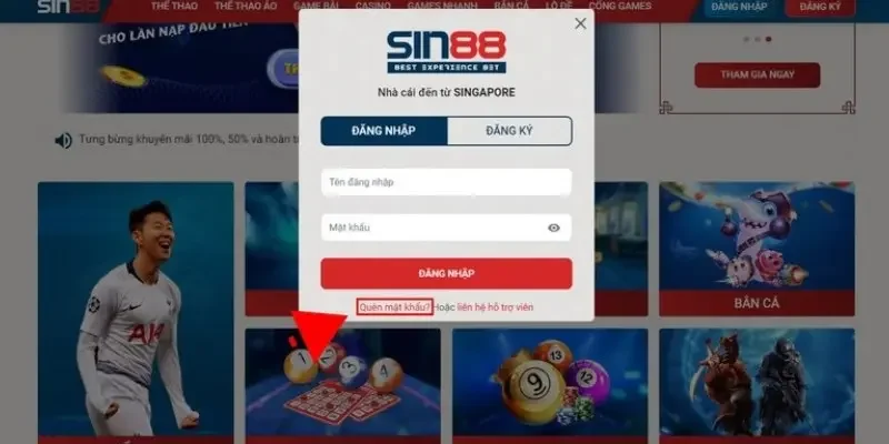 Quên Mật Khẩu SIN88 - Chi Tiết Cách Khôi Phục Nhanh Chóng 4 Click chọn mục “Quên mật khẩu” như trong hình