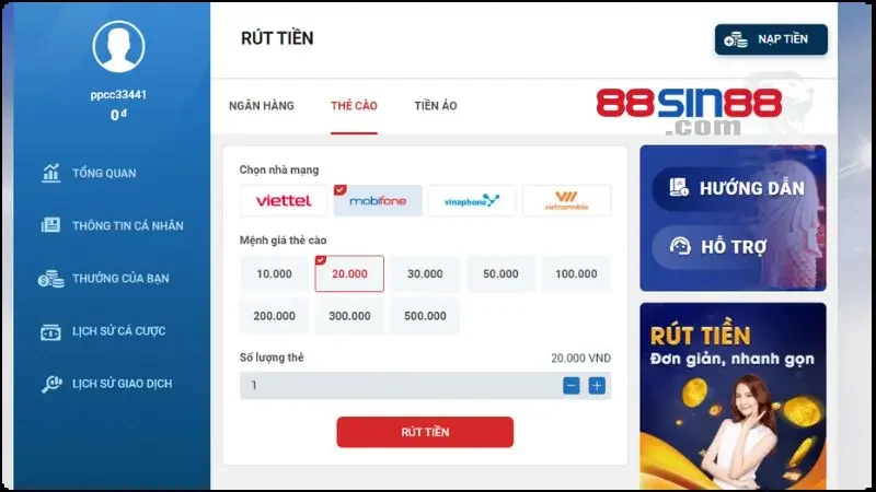 Hướng dẫn rút tiền SIN88 đem tiền về an toàn trong vài phút 3 Thực hiện rút tiền từ SIN88 nhanh qua thẻ cào điện thoại