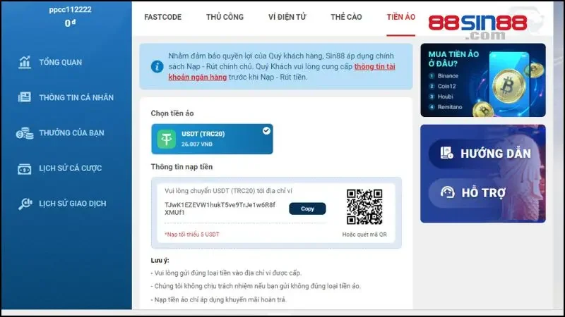 Hướng dẫn nạp tiền SIN88 thành công 100% trong lần đầu 4 Nhà cái SIN88 à đơn vị tiên phong hỗ trợ nạp bằng tiền ảo cho người chơi
